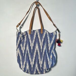 GAP Cotton Canvas & Leather Ikat/Chevron Bead/Pom Pom Tassel 3 Strap Beachy Tote